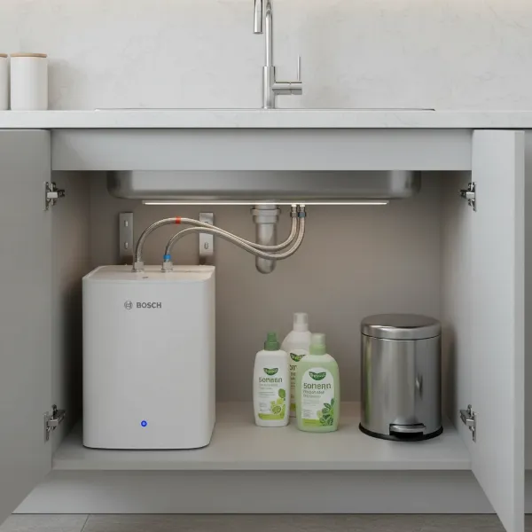 Bosch Tronic 3000 T mini-tank water heater installed neatly under a kitchen sink, providing instant hot water