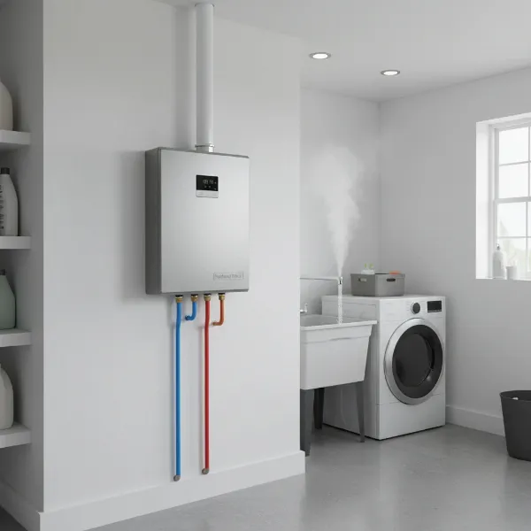 A modern, sleek Bradford White tankless water heater with glowing efficiency metrics and a flow of hot water, symbolizing performance.