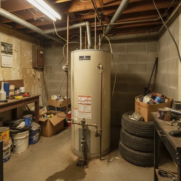 A large, bulky tank water heater in a dimly lit basement, emphasizing its space requirement.