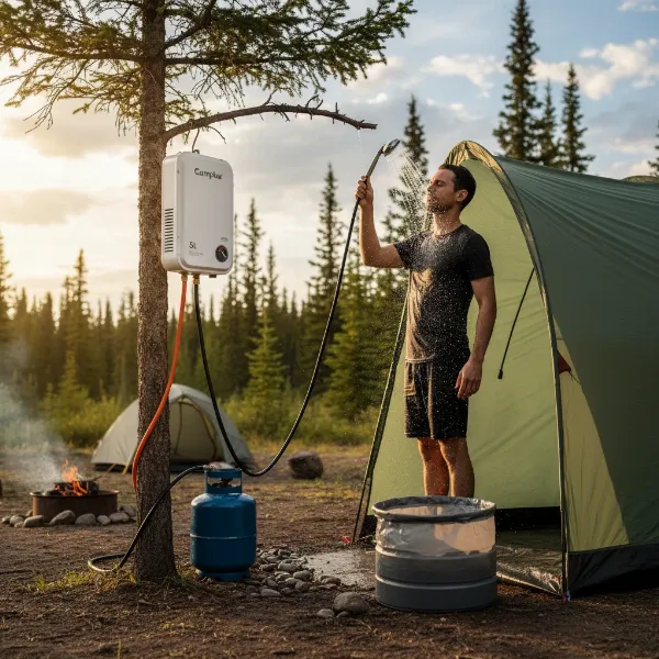 A Camplux 5L Portable Outdoor Tankless Water Heater in an outdoor setting, providing hot water for a campsite shower