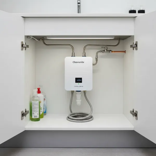 Compact Chronomite Instant-Flow SR tankless water heater installed under a kitchen sink, emphasizing its space-saving design and point-of-use application.