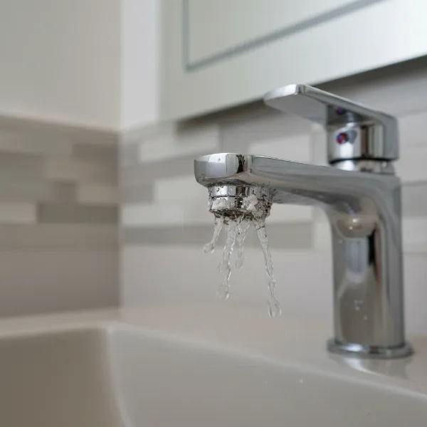 A close-up image of a clogged faucet aerator with visible mineral deposits causing low hot water pressure.