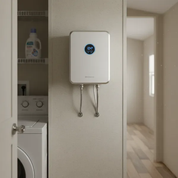 A compact, wall-mounted electric tankless water heater in a mobile home utility space.