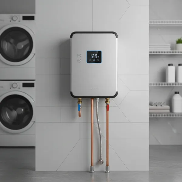 A compact, wall-mounted tankless water heater unit installed in a modern utility space.