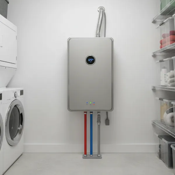 A sleek, compact, modern tankless water heater mounted on a wall, saving valuable floor space.