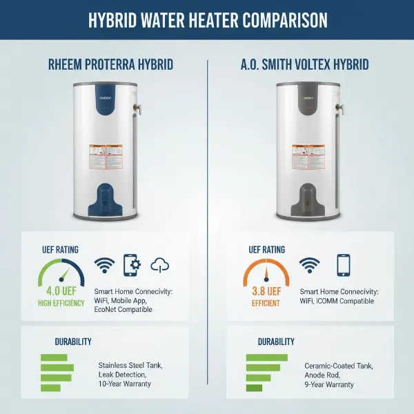A visual comparison showing key features of Rheem and A.O. Smith water heaters, highlighting efficiency ratings and smart home capabilities.