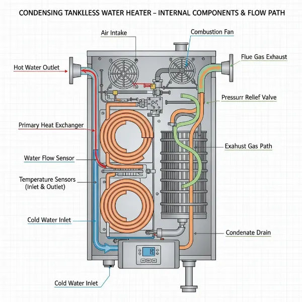 Diagram showing internal workings of a condensing tankless water heater with two heat exchangers.