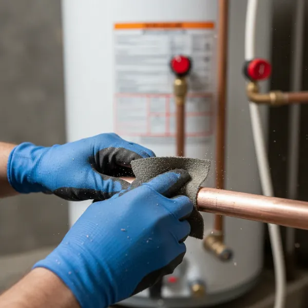 Technician cleaning copper pipes before soldering for a water heater install