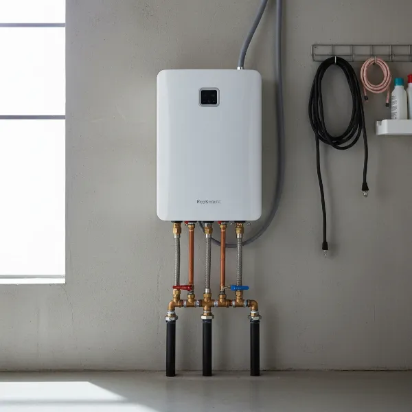 EcoSmart ECO 27 tankless water heater installed in a small utility space, highlighting its compact design and efficient use of space.