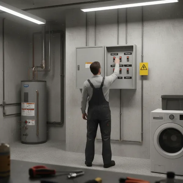 Person turning off a circuit breaker for an electric water heater in a home utility room during an emergency