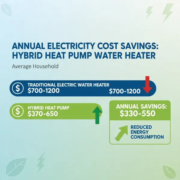 Bar chart comparing annual energy costs for hybrid and traditional electric water heaters.