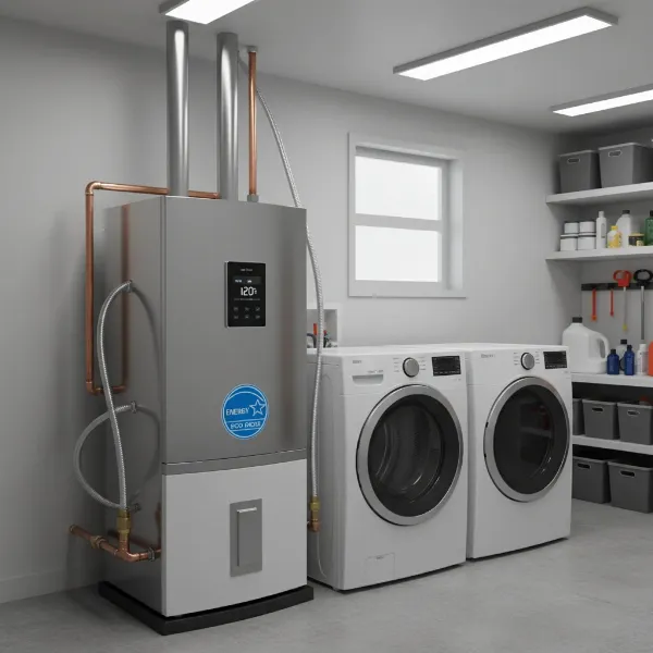 An Energy Star certified water heater displaying the blue Energy Star logo, symbolizing energy efficiency and environmental protection.