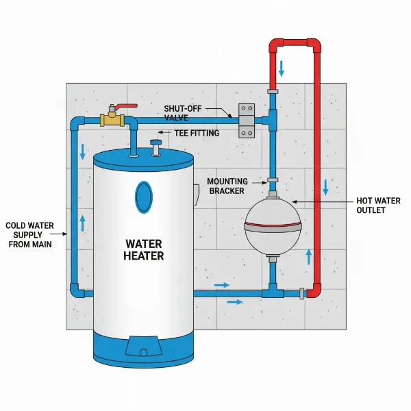 A clear diagram illustrating the correct installation of a water heater expansion tank on the cold water inlet line, showing the tee fitting and support bracket.