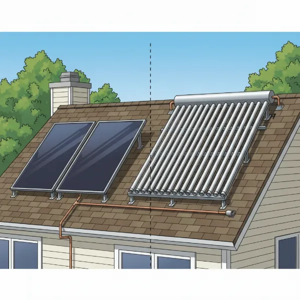 Visual comparison of flat-plate and evacuated tube solar collectors on a roof.