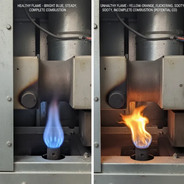 Close-up of gas furnace flame showing healthy blue and unhealthy yellow-orange colors.