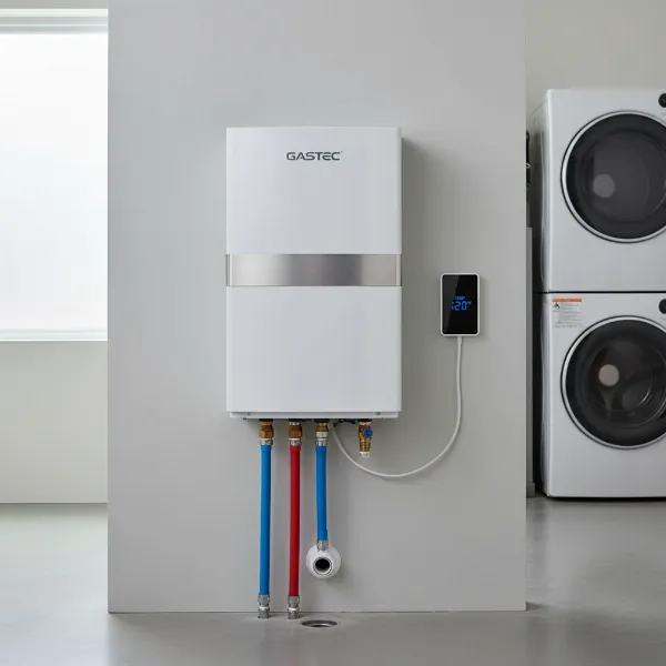 Gastec tankless water heater with compact design, sleek, wall-mounted unit