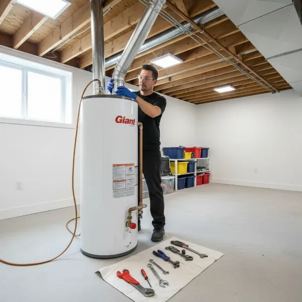 A certified technician installing a Giant gas water heater in a basement with visible venting pipes.