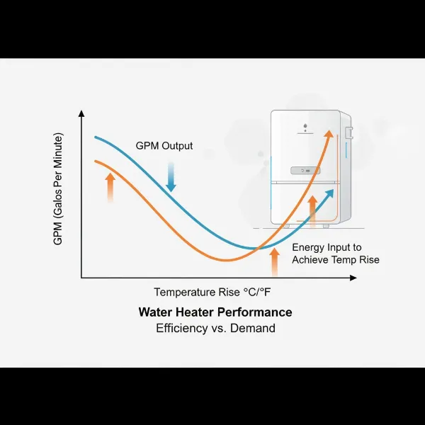 Illustration showing the inverse relationship between GPM and temperature rise in a tankless water heater, with two lines crossing on a graph.