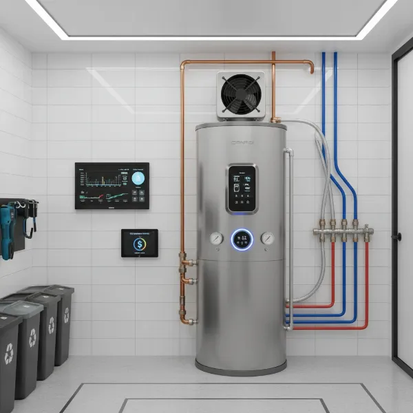 A sleek, modern high-efficiency water heater in a well-organized utility room, symbolizing energy savings and modern technology.