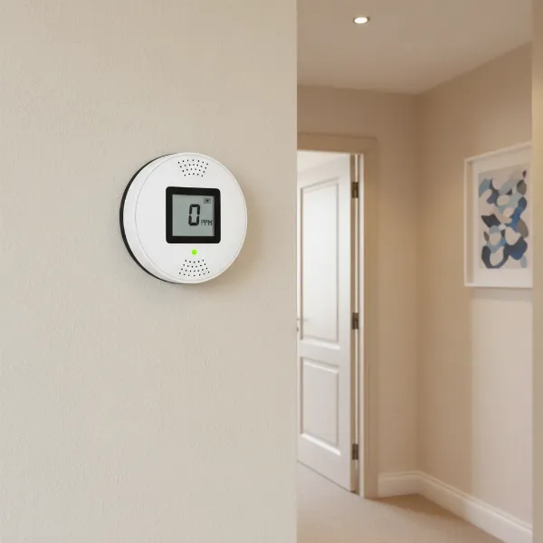 Modern carbon monoxide detector mounted on a wall in a home living space.