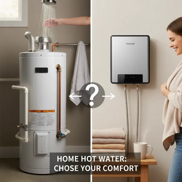 A homeowner choosing between a traditional tank water heater and a modern tankless unit, symbolizing comfort.