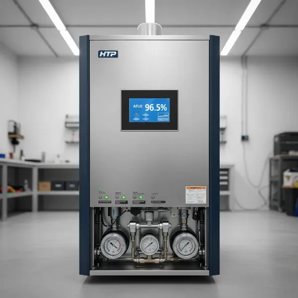 HTP Elite Premier High Efficiency Boiler showcasing its energy efficiency ratings and advanced controls for optimized heating performance.