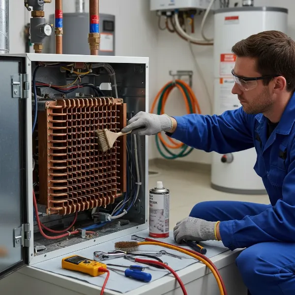 Close-up of an HTP Elite Premier Boiler undergoing maintenance, highlighting the heat exchanger and internal components for cleaning.