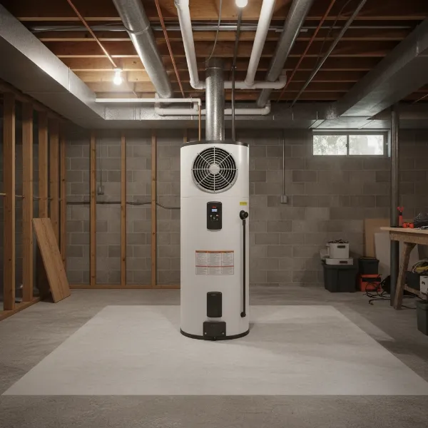 A hybrid heat pump water heater installed in a spacious basement or garage environment.