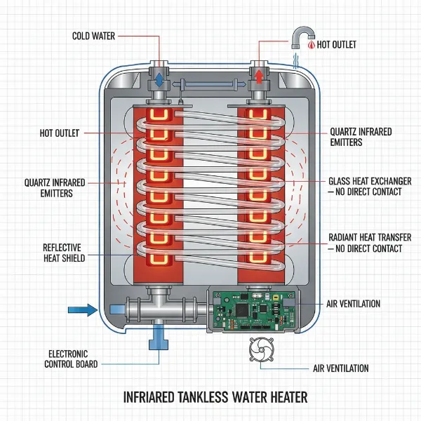 Detailed diagram of infrared tankless water heater's internal components and water flow.