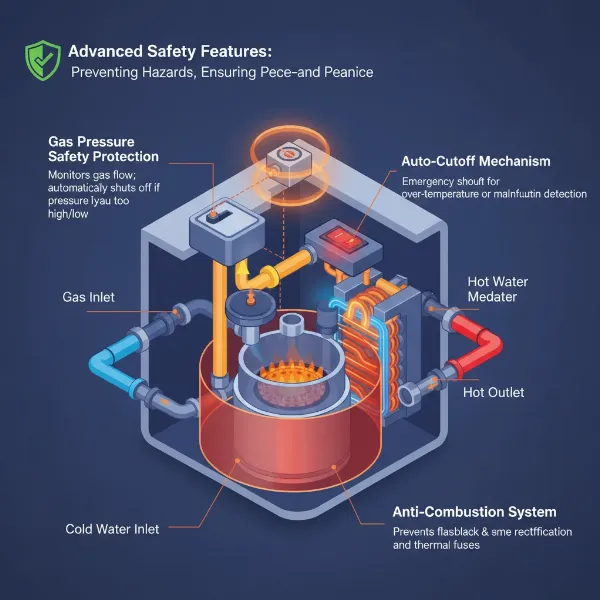 Illustration of tankless water heater's internal safety mechanisms, including flame sensor and auto-cutoff valve.
