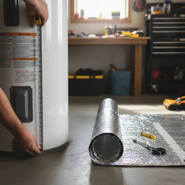 Person measuring water heater blanket before cutting to fit tank perfectly