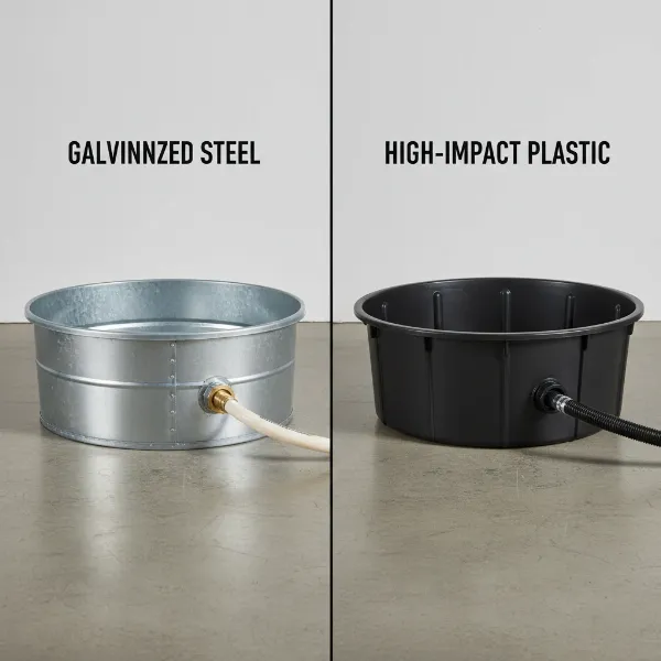 Two distinct water heater pans side-by-side: one metal, one plastic, showcasing their material differences.