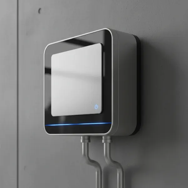 A futuristic, compact microwave water heater unit mounted on a wall with glowing blue water pipes.