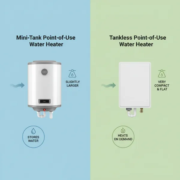 A visual comparison showcasing the compact size and functional differences between a mini-tank and a tankless point-of-use water heater.