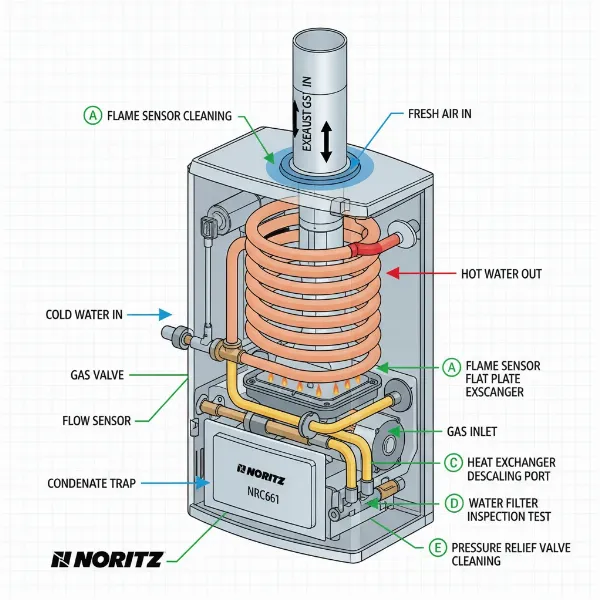 A clear diagram illustrating the internal components of a Noritz NRC661 tankless heater, emphasizing the heat exchanger and venting for maintenance.