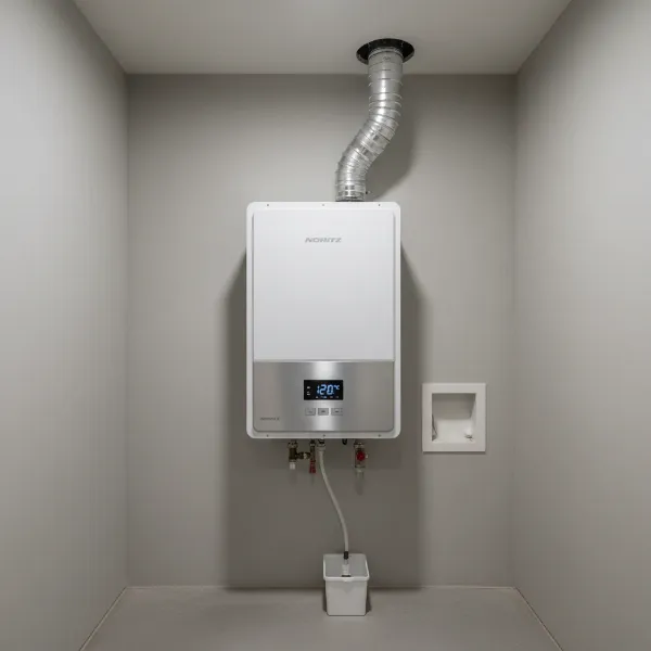 A sleek Noritz NRC661 concentric vent tankless water heater mounted on a wall, highlighting its compact design and modern aesthetic.