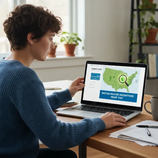 A person using a laptop to search for water heater rebates on the Energy Star website, with a focus on local incentives.