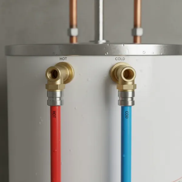A close-up image showing PEX piping connected to a water heater with proper transition fittings, highlighting different connection types.