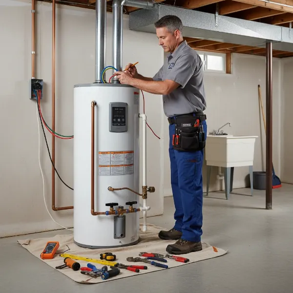 A professional plumber installing a hybrid heat pump water heater in a residential setting.