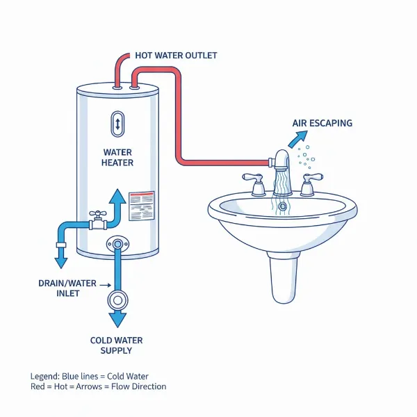 A diagram showing the refilling process of a water heater and air purging from a faucet