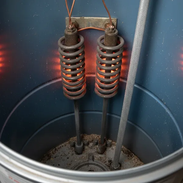 Interior view of a Reliance electric water heater showing heating elements and anode rod