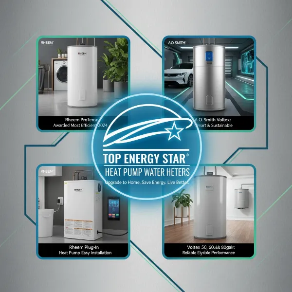 A collage or illustration showing various top-rated Energy Star certified heat pump water heater models from brands like Rheem and A.O. Smith.
