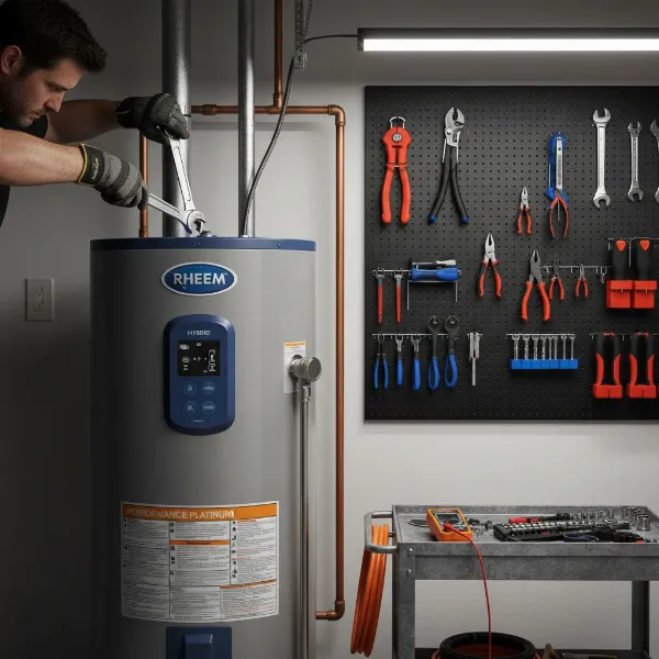 A person performing routine maintenance on a Rheem Performance Platinum Hybrid Smart Water Heater in a clean garage.