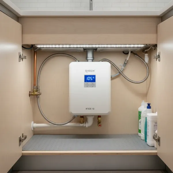 Rheem RTEX-13 electric tankless water heater, compact and wall-mounted under a sink.