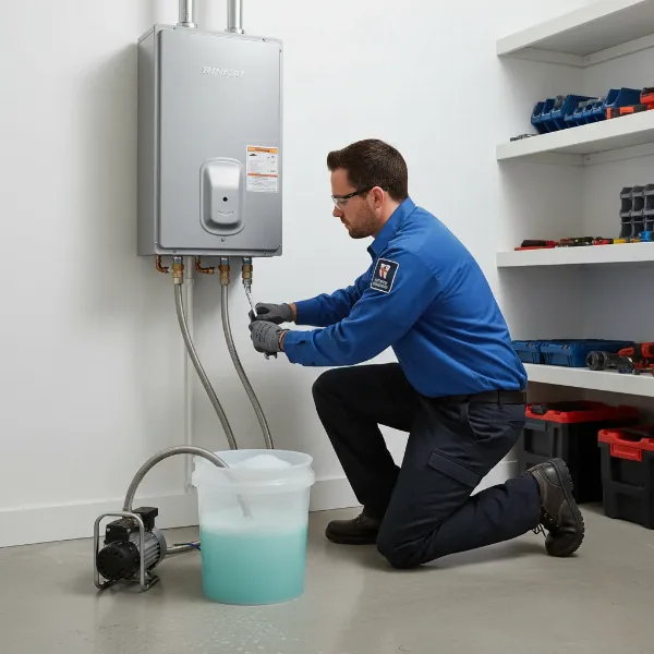 A plumber performing maintenance on a Rinnai tankless water heater, flushing the system for optimal performance and longevity