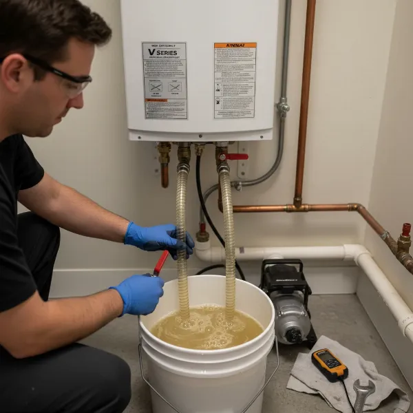 Technician performing annual flushing maintenance on a Rinnai tankless water heater unit
