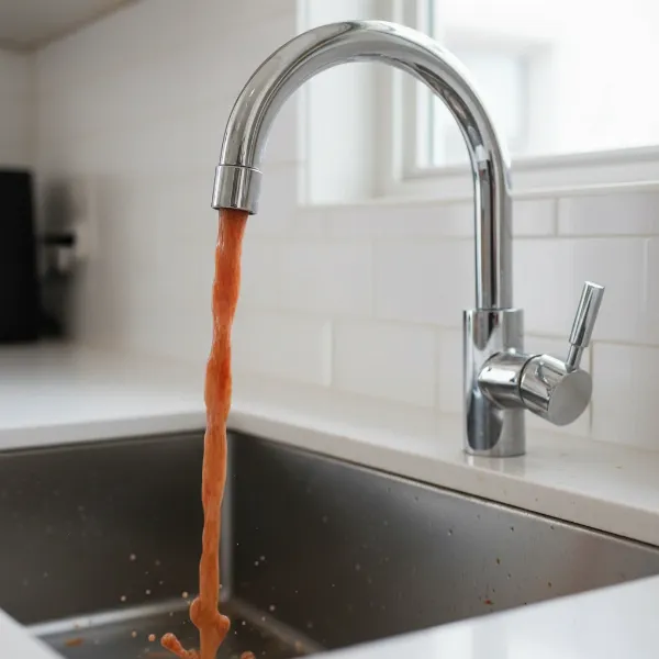 A stream of rusty, discolored hot water flowing from a kitchen faucet due to water heater corrosion.