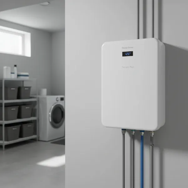 Stiebel Eltron Tempra Plus tankless water heater, showcasing its compact size and sleek design.