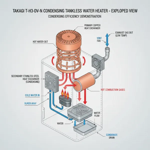 An exploded view diagram showing the primary and secondary heat exchangers of a tankless water heater.