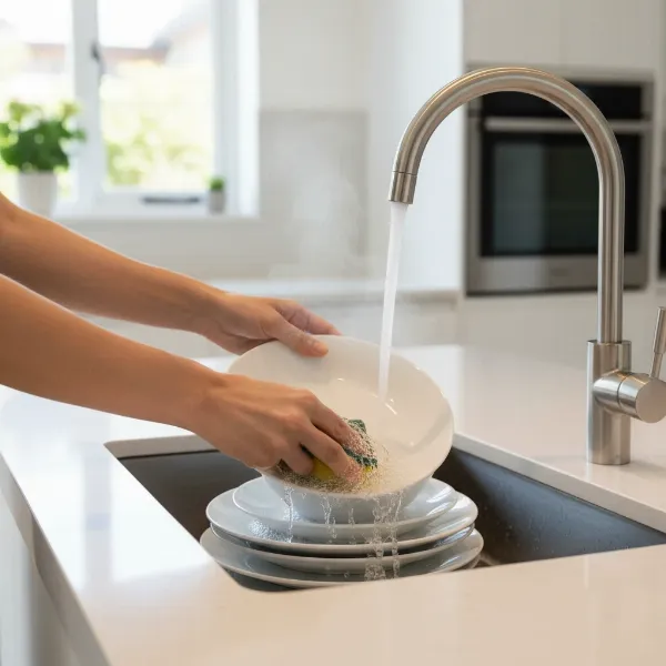 Person using a single faucet with instant hot water from a tankless heater.